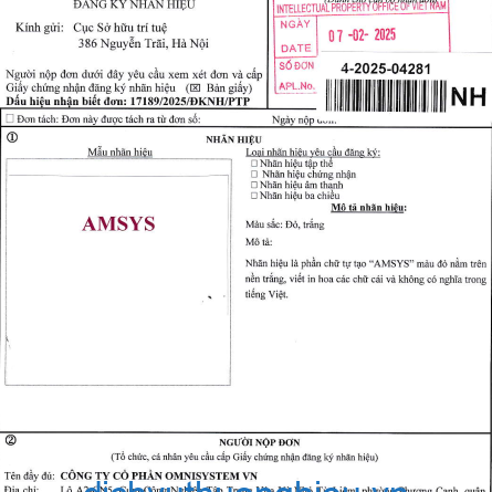 Luật Hoàng Phi đăng ký bảo hộ nhãn hiệu “AMSYS”